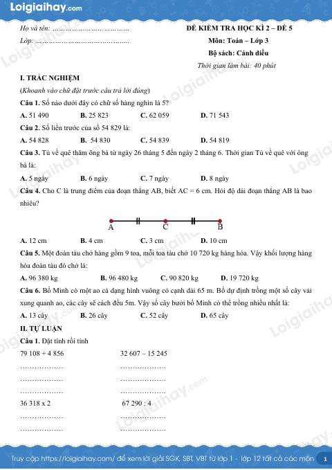 Đề kiểm tra học kì 2 Toán 3 Cánh diều - Đề số 5